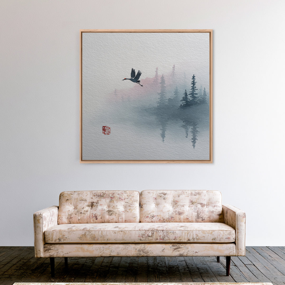 Monochrome Ink Crane Composition Framed Canvas Print, Wall Art, Abstract Art, Living Room Decor, Watercolor Art, WAL-1x1-24