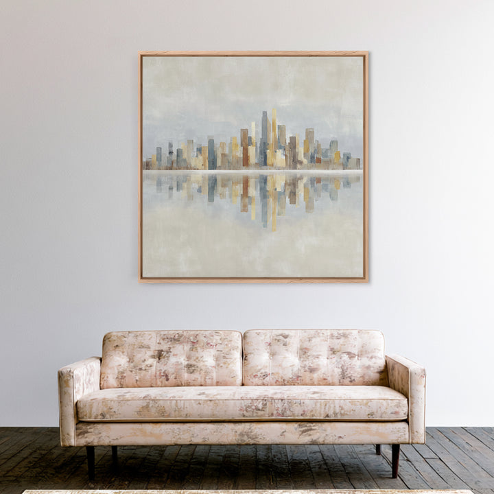 Urban Skyline in Muted Evening Color Framed Canvas Print, Wall Art, Wood Wall Art, Living Room Decor, Fine Art, WAL-1x1-42