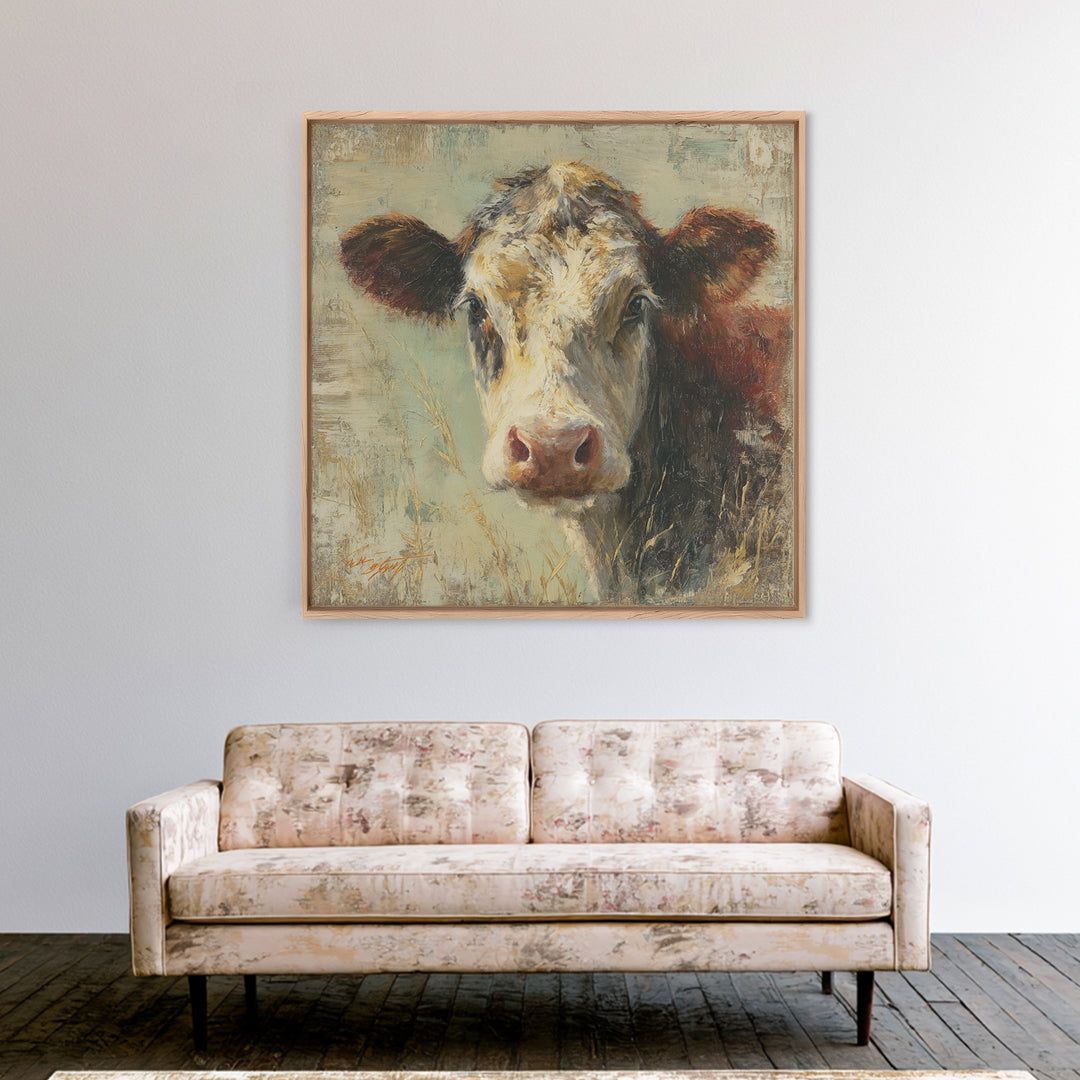 Rustic Farmhouse Cow Portrait Framed Canvas Print, Wall Art, Framed Wall Art, Living Room Decor, Fine Art, Fine Art Print, WAL-1x1-43