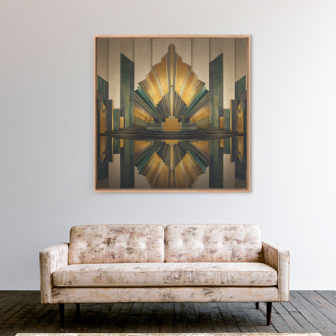 Art Deco Gold Fan Pattern Framed Canvas Print, Wall Art, Wall Art Prints, Living Room Decor, Fine Art, Abstract Art, WAL-1x1-44