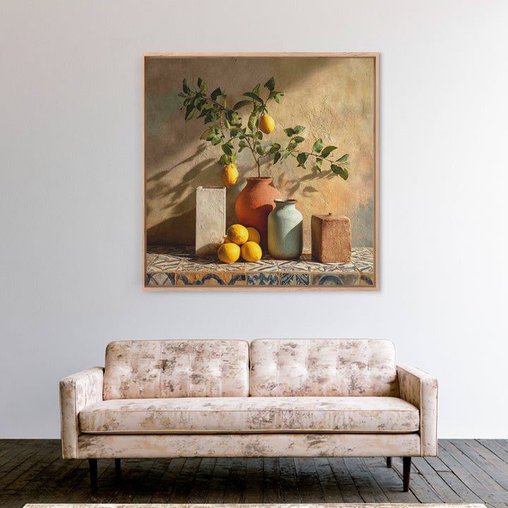 Mediterranean Lemon Branch Still Life Framed Canvas Print, Wall Art, Prints Wall Art, Living Room Decor, Oil Painting, WAL-1x1-46