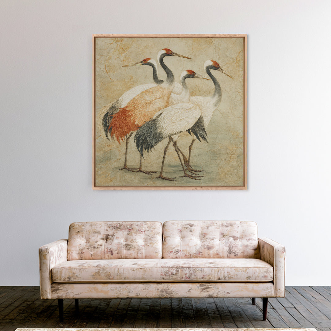 Monochrome Ink Crane Composition Framed Canvas Print, Wall Art, Art, Living Room Decor, Fine Art, Wall Clock, WAL-1x1-48