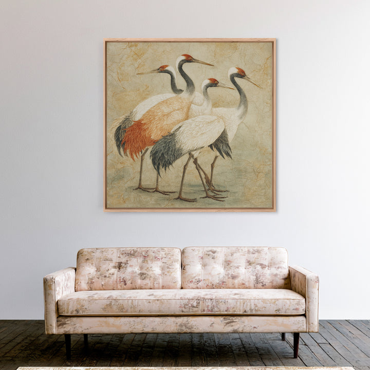 Monochrome Ink Crane Composition Framed Canvas Print, Wall Art, Art, Living Room Decor, Fine Art, Wall Clock, WAL-1x1-48