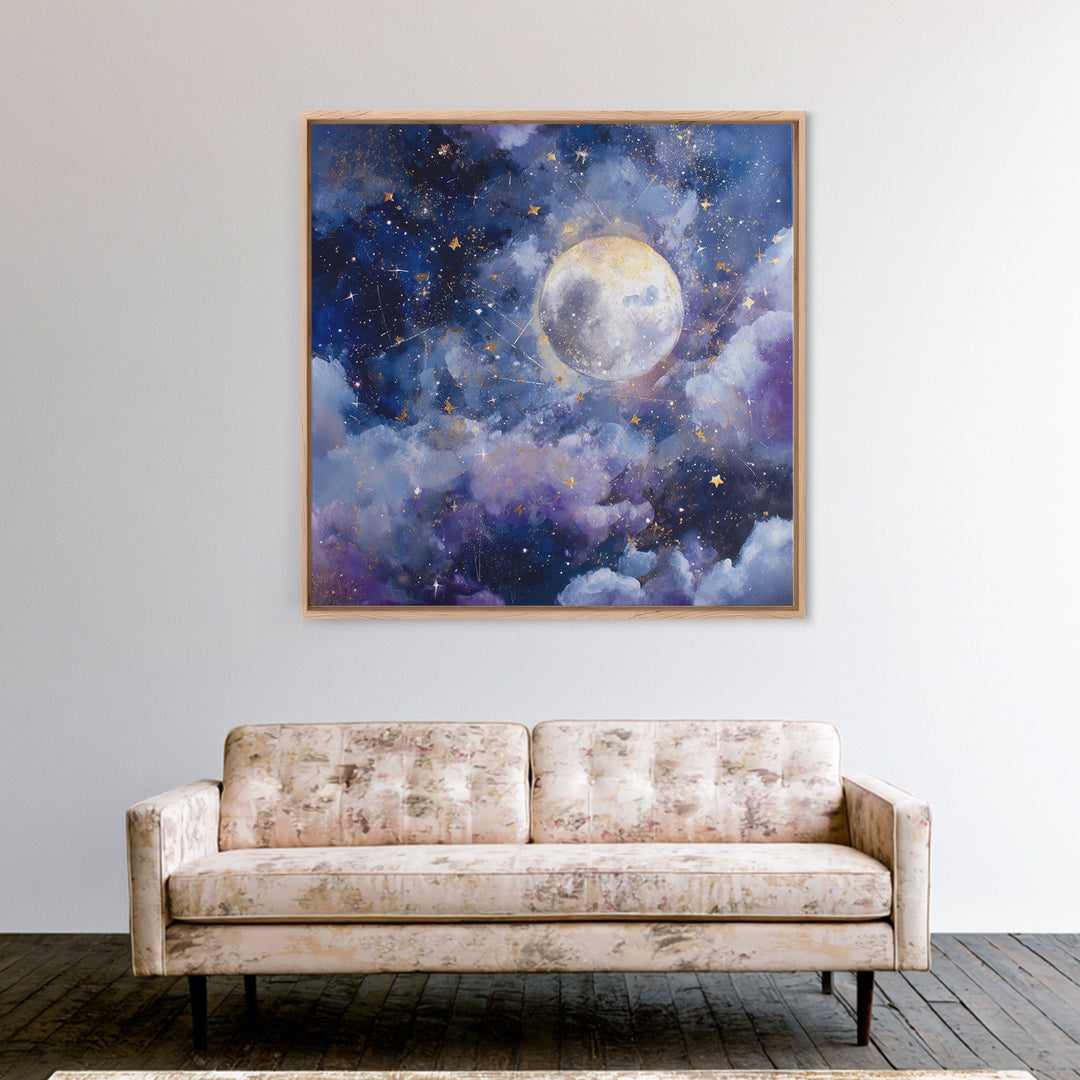Celestial Moon and Stars Artwork Framed Canvas Print, Wall Art, Gallery Decor, Living Room Decor, Fine Art, Home Decor, WAL-1x1-62