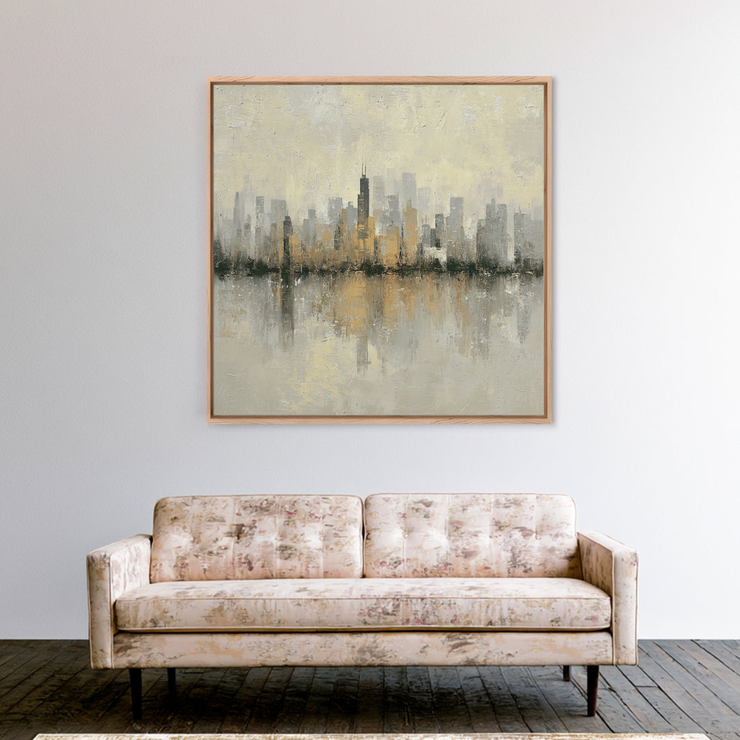 Urban Skyline in Muted Evening Color Framed Canvas Print, Wall Art, Wood Wall Art, Living Room Decor, Fine Art, WAL-1x1-66
