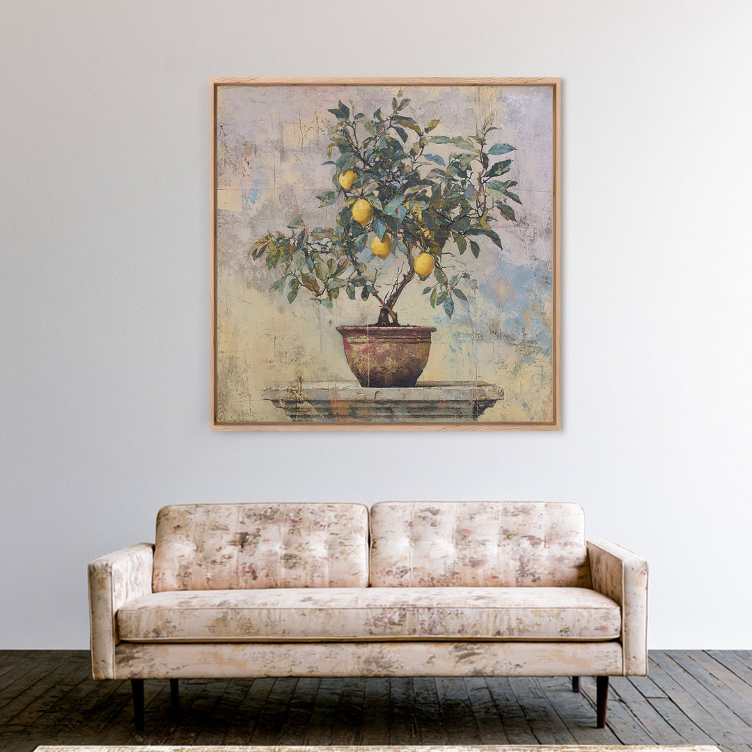 Mediterranean Lemon Branch Still Life Framed Canvas Print, Wall Art, Prints Wall Art, Living Room Decor, Oil Painting, WAL-1x1-70