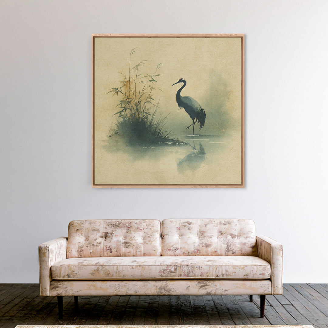 Monochrome Ink Crane Composition Framed Canvas Print, Wall Art, Wood Wall Art, Living Room Decor, Abstract Art, WAL-1x1-72