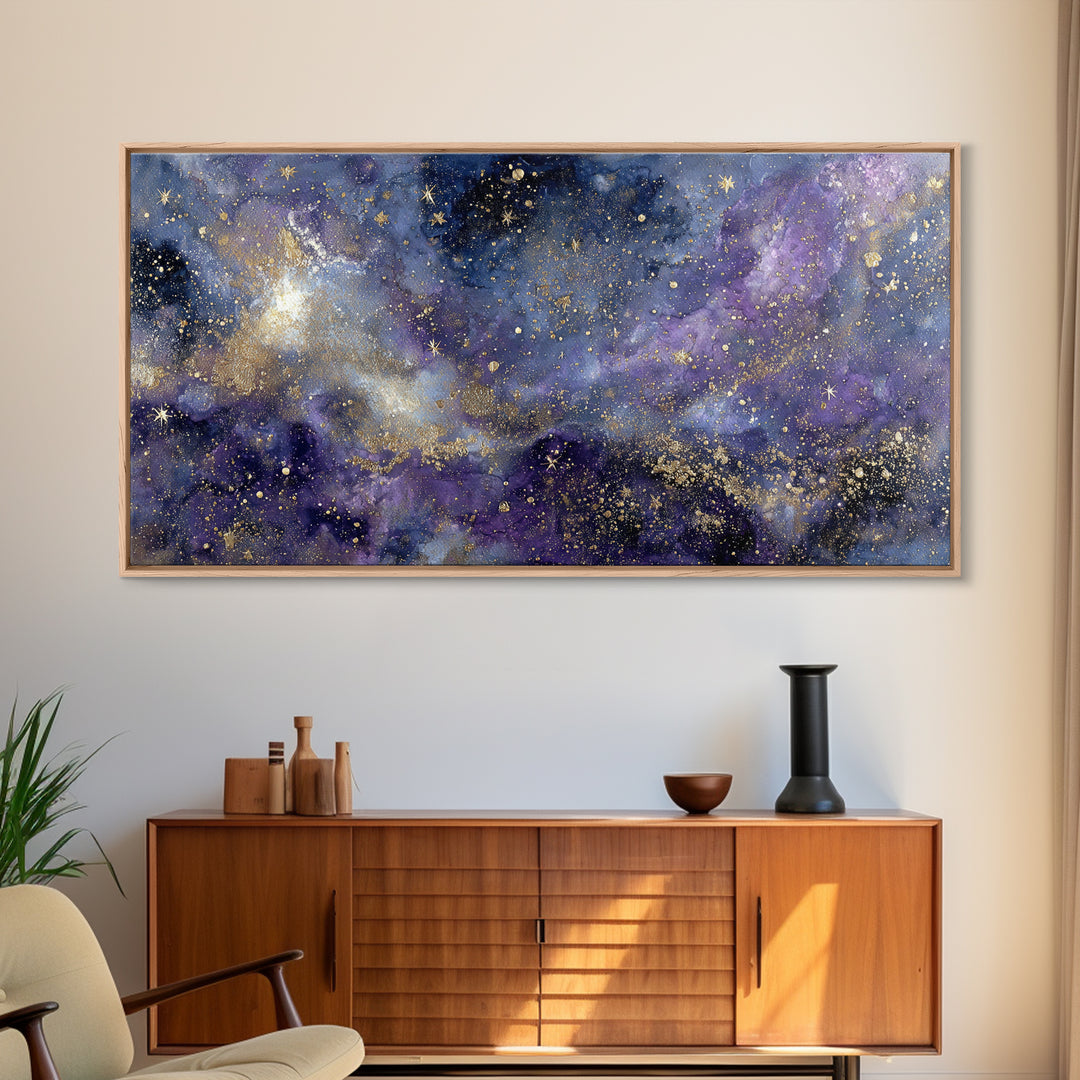 Celestial Moon and Stars Artwork Framed Canvas Print, Wall Art, Contemporary Art, Living Room Decor, Fine Art, WAL-2x1-10