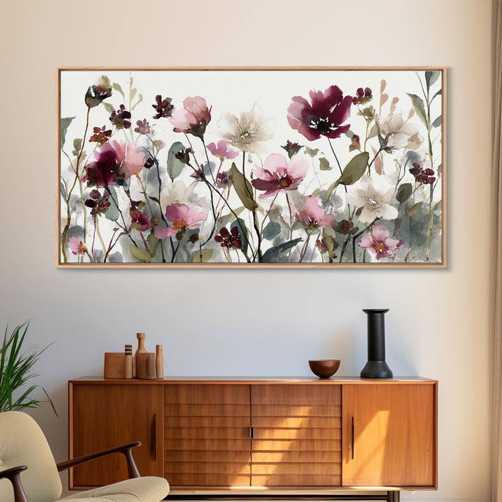 Impressionist Meadow of Wildflowers Framed Canvas Print, Wall Art, Painting, Living Room Decor, Watercolor Art, WAL-2x1-13