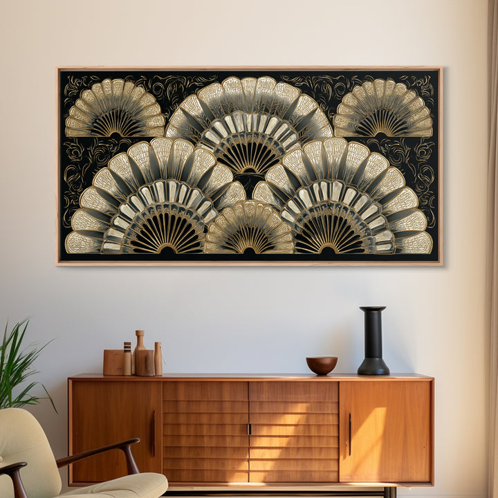 Art Deco Gold Fan Pattern Framed Canvas Print, Wall Art, Fine Art Print, Living Room Decor, Fine Art, Wall Decor, WAL-2x1-16