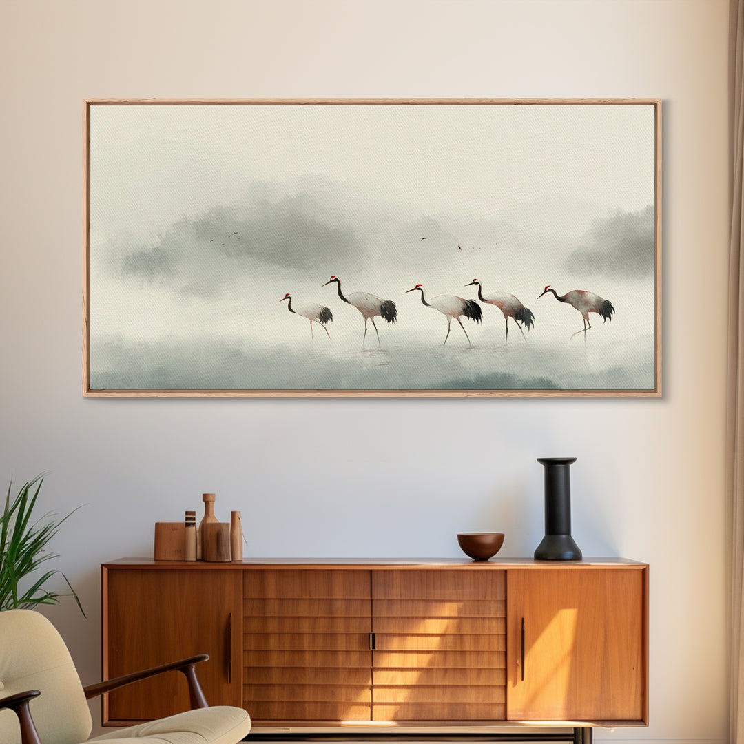 Monochrome Ink Crane Composition Framed Canvas Print, Wall Art, Statement Artwork, Living Room Decor, Fine Art, WAL-2x1-20