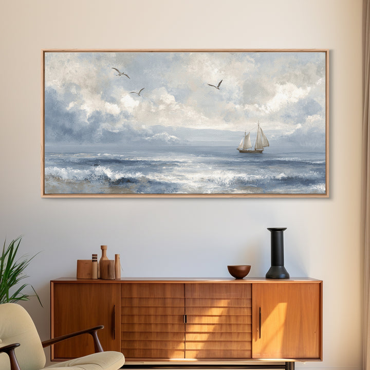 Classic Seascape with Dramatic Clouds Framed Canvas Print, Wall Art, Wall Hangings, Living Room Decor, Watercolor Art, WAL-2x1-23