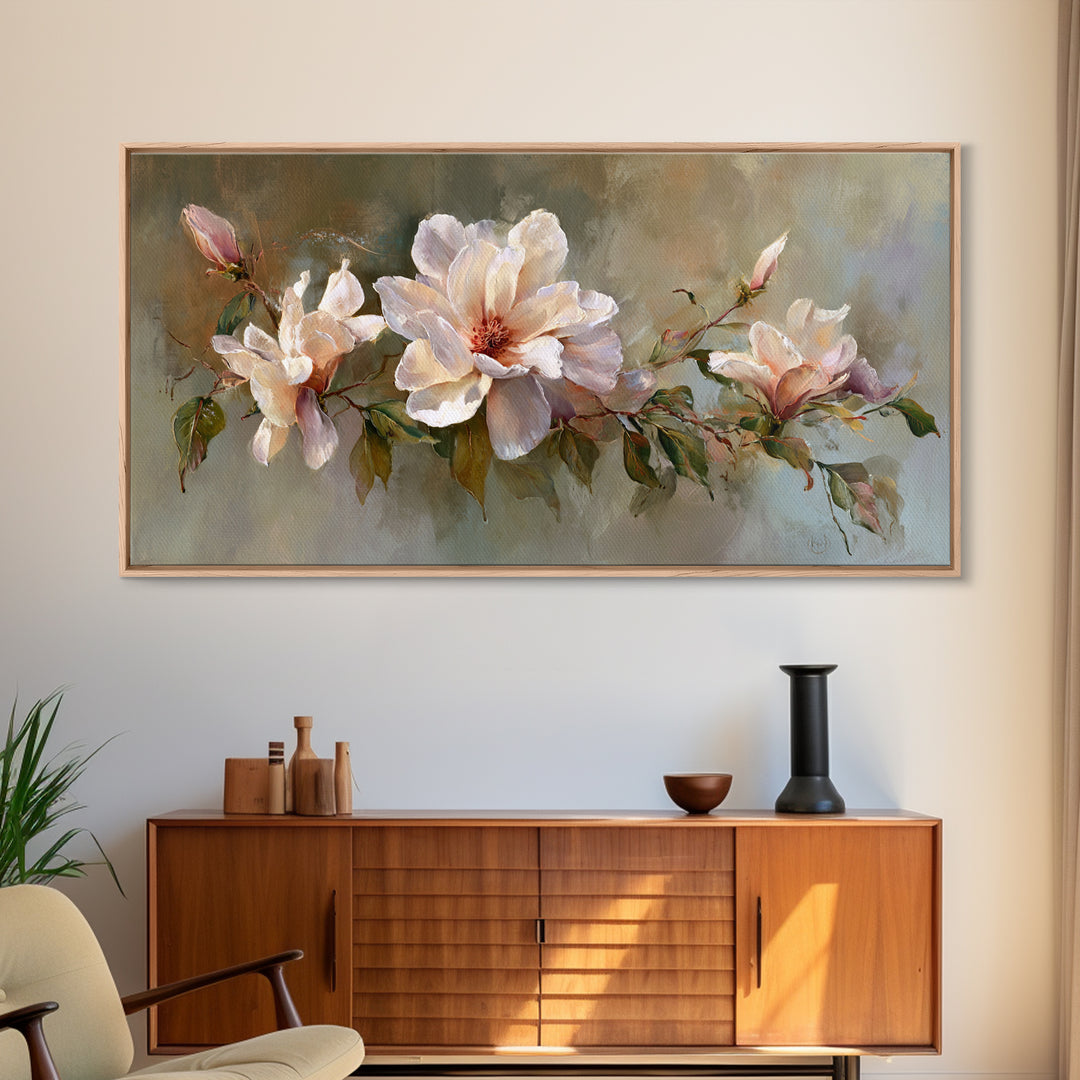 Soft Floral Oil Painting Framed Canvas Print, Wall Art, Printable Wall Art, Living Room Decor, Oil Painting, WAL-2x1-25