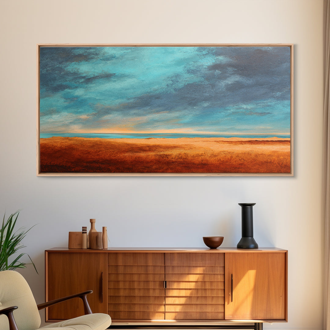 Desert Landscape in Warm Terracotta Tones Framed Canvas Print, Wall Art, Metal Wall Art, Living Room Decor, Oil Painting, WAL-2x1-3
