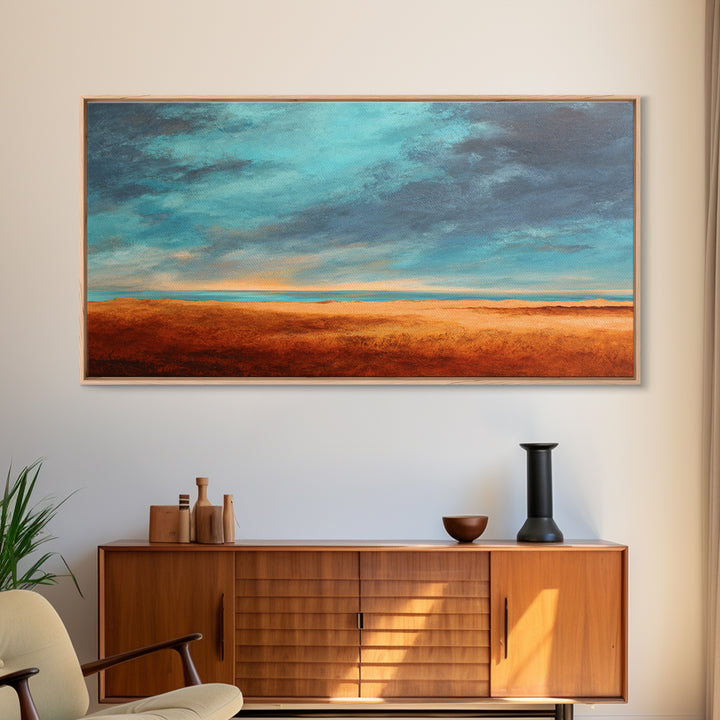 Desert Landscape in Warm Terracotta Tones Framed Canvas Print, Wall Art, Metal Wall Art, Living Room Decor, Oil Painting, WAL-2x1-3