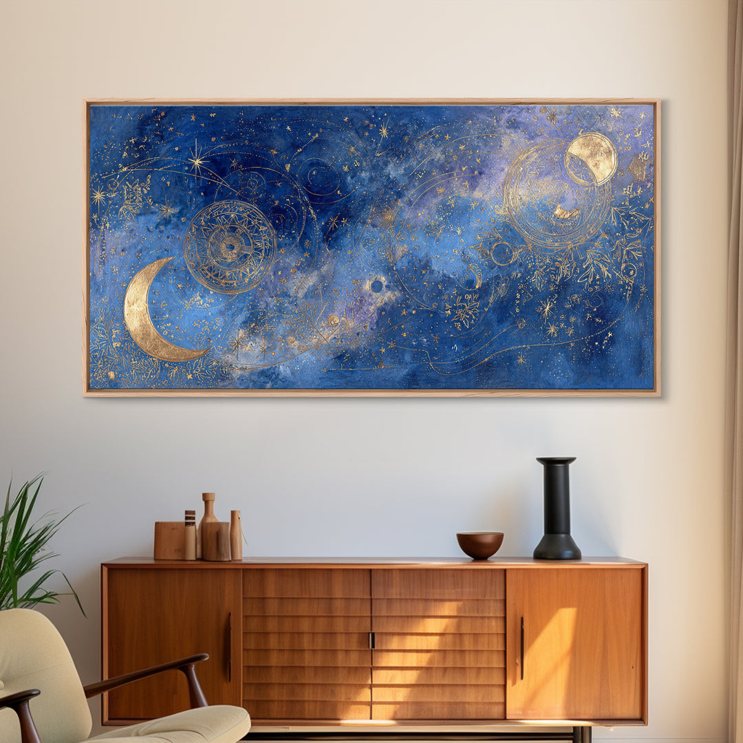 Celestial Moon and Stars Artwork Framed Canvas Print, Wall Art, Contemporary Art, Living Room Decor, Fine Art, WAL-2x1-34