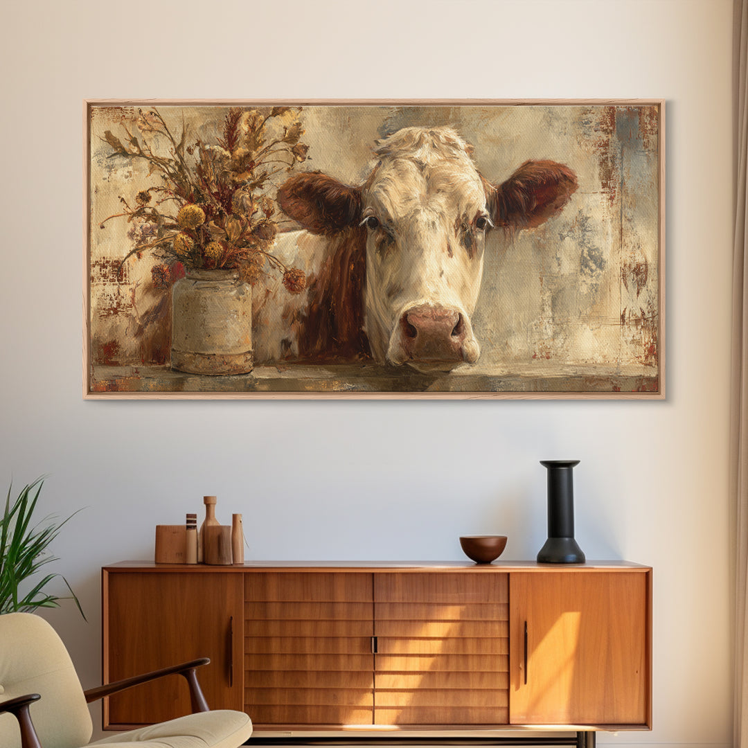 Rustic Farmhouse Cow Portrait Canvas Print, Wall Art, Heart, Living Room Decor, Fine Art, Home Decor Gift, Original Art, WAL-2x1-39