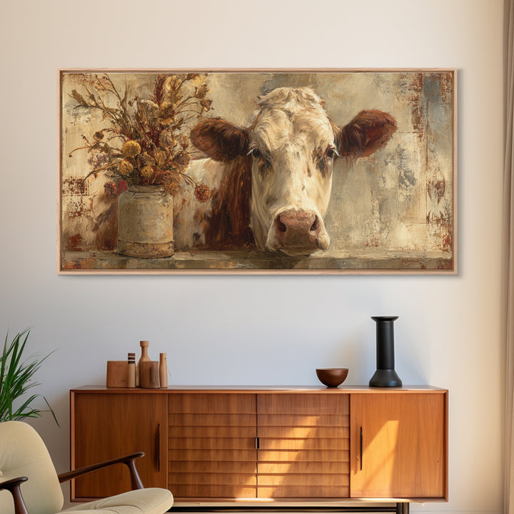 Rustic Farmhouse Cow Portrait Canvas Print, Wall Art, Heart, Living Room Decor, Fine Art, Home Decor Gift, Original Art, WAL-2x1-39
