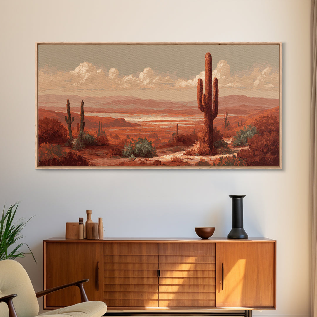Desert Landscape in Warm Terracotta Tones Framed Canvas Print, Wall Art, Wall Clock, Living Room Decor, Watercolor Art, WAL-2x1-51
