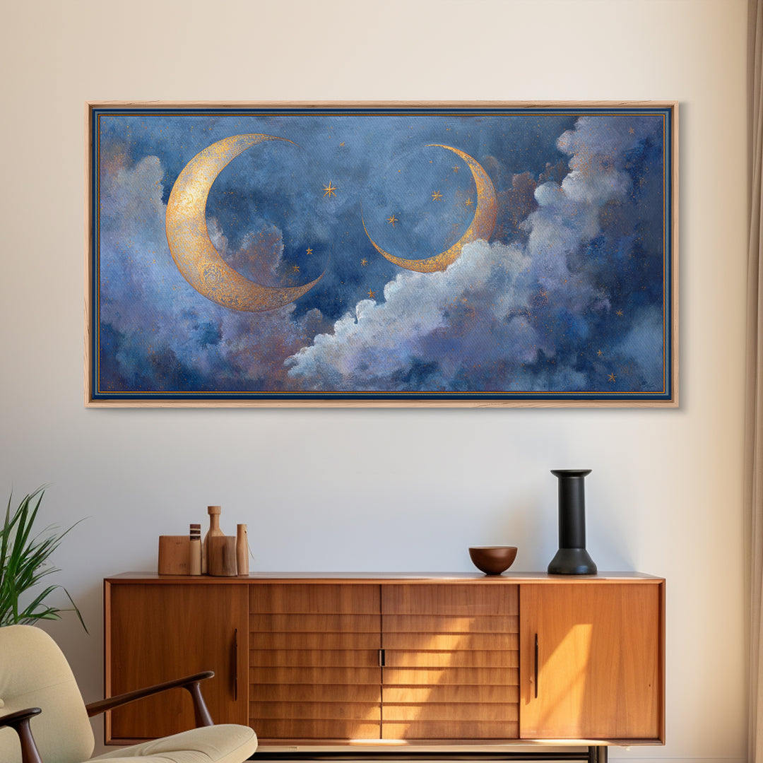 Celestial Moon and Stars Artwork Canvas Print, Wall Art, Painting, Living Room Decor, Fine Art, Art Deco, Wall Hanging, WAL-2x1-58