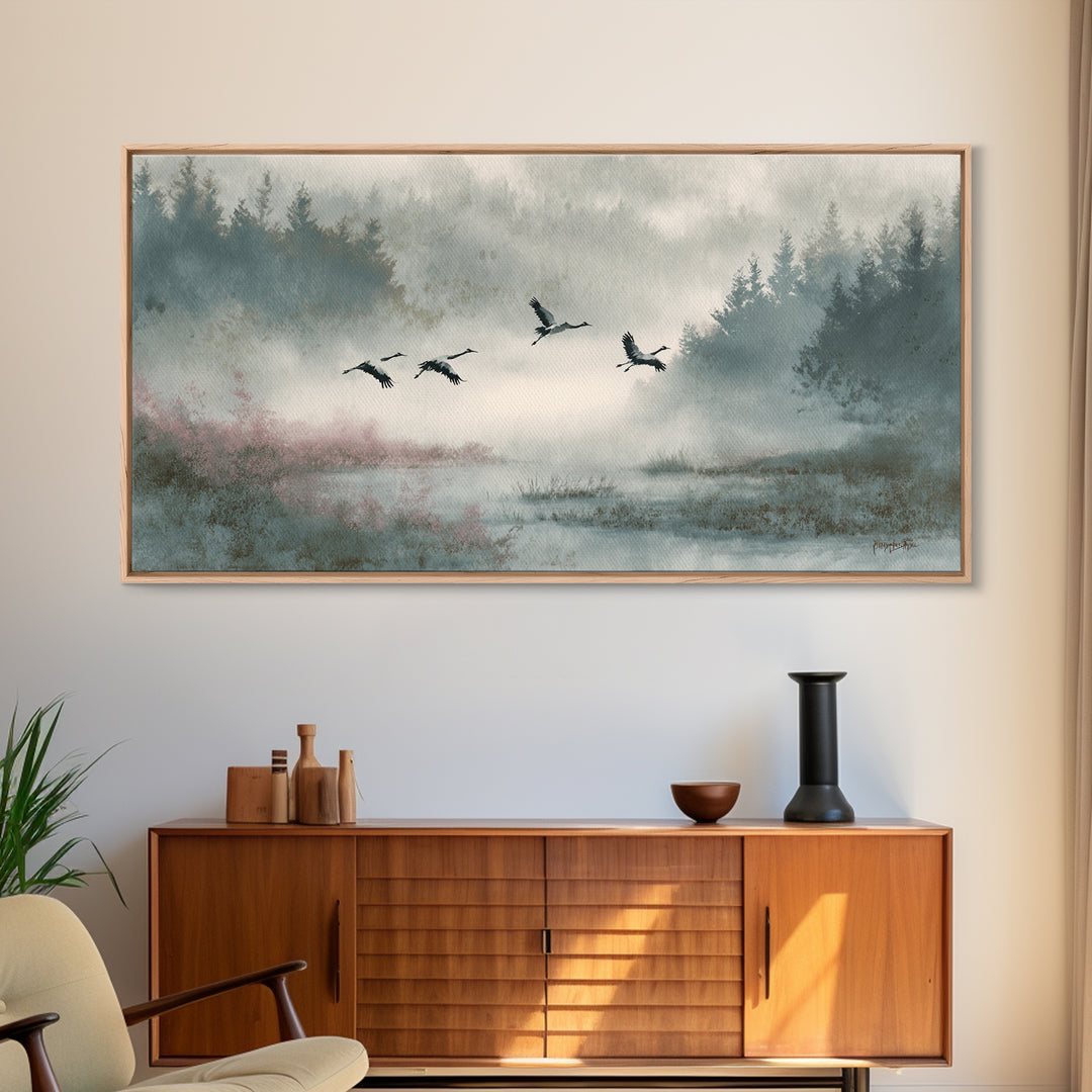 Monochrome Ink Crane Composition Canvas Print, Wall Art, Wall Hangings, Living Room Decor, Watercolor Art, Framed Wall Art, WAL-2x1-68