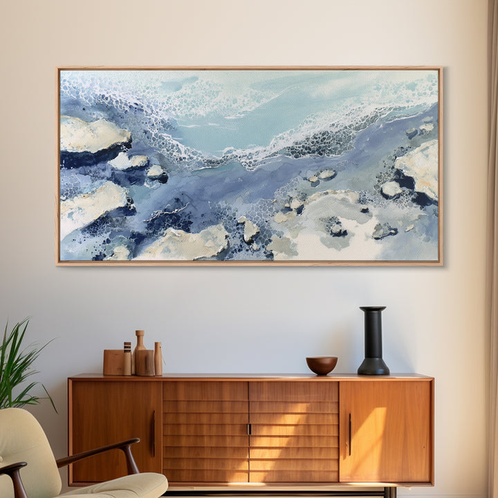 Coastal Aerial Water Study Framed Canvas Print, Wall Art, Painting, Living Room Decor, Fine Art, Art Deco, Wall Hanging, WAL-2x1-7