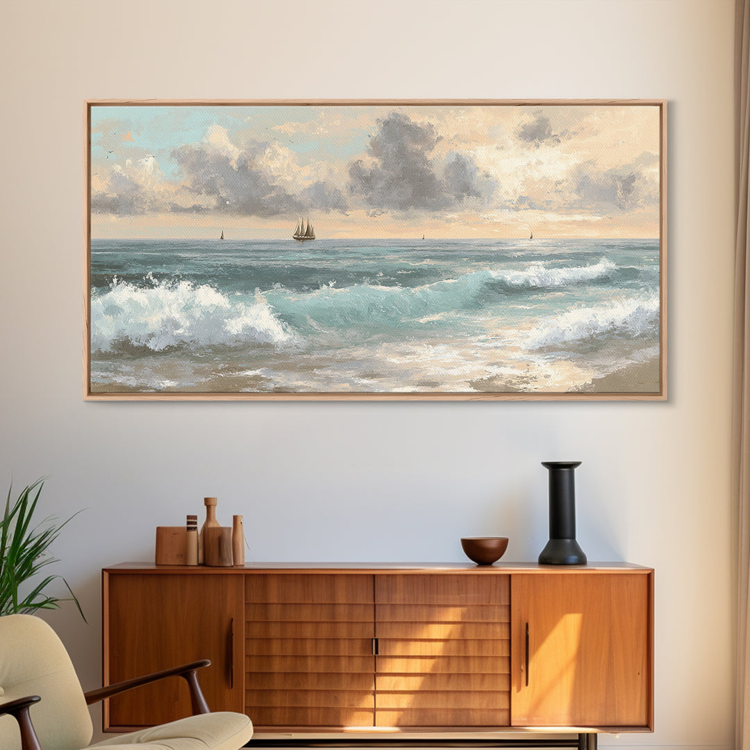 Classic Seascape with Dramatic Clouds Canvas Print, Wall Art, Wood Wall Art, Living Room Decor, Abstract Art, WAL-2x1-71