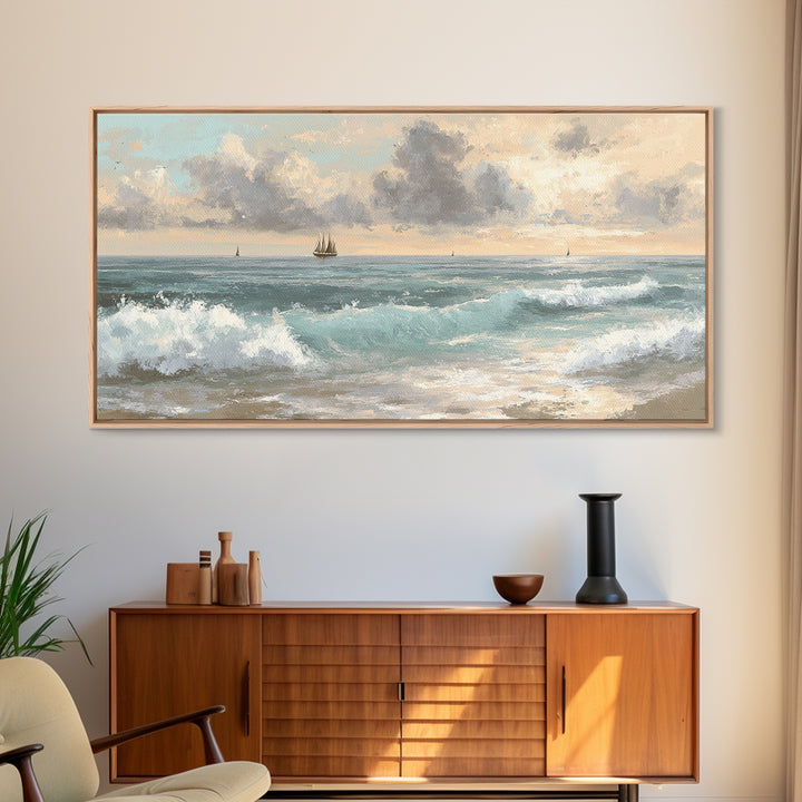 Classic Seascape with Dramatic Clouds Canvas Print, Wall Art, Wood Wall Art, Living Room Decor, Abstract Art, WAL-2x1-71