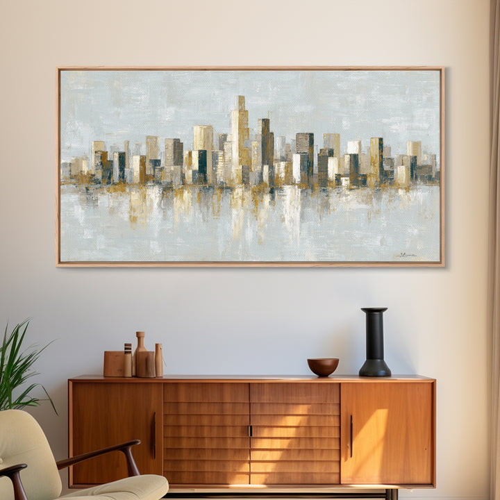 Urban Skyline in Muted Evening Color Framed Canvas Print, Wall Art, Art Print, Living Room Decor, Abstract Art, WAL-2x1-86