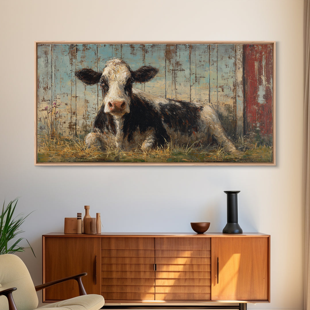Rustic Farmhouse Cow Portrait Framed Canvas Print, Wall Art, Textured Wall Art, Living Room Decor, Oil Painting, WAL-2x1-87