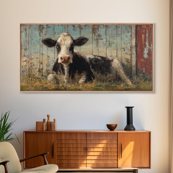 Rustic Farmhouse Cow Portrait Framed Canvas Print, Wall Art, Textured Wall Art, Living Room Decor, Oil Painting, WAL-2x1-87