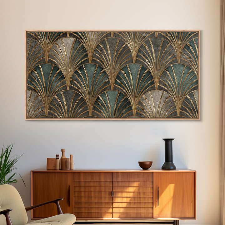 Art Deco Gold Fan Pattern Framed Canvas Print, Wall Art, Digital Wall Art, Living Room Decor, Fine Art, Wood Wall Art, WAL-2x1-88