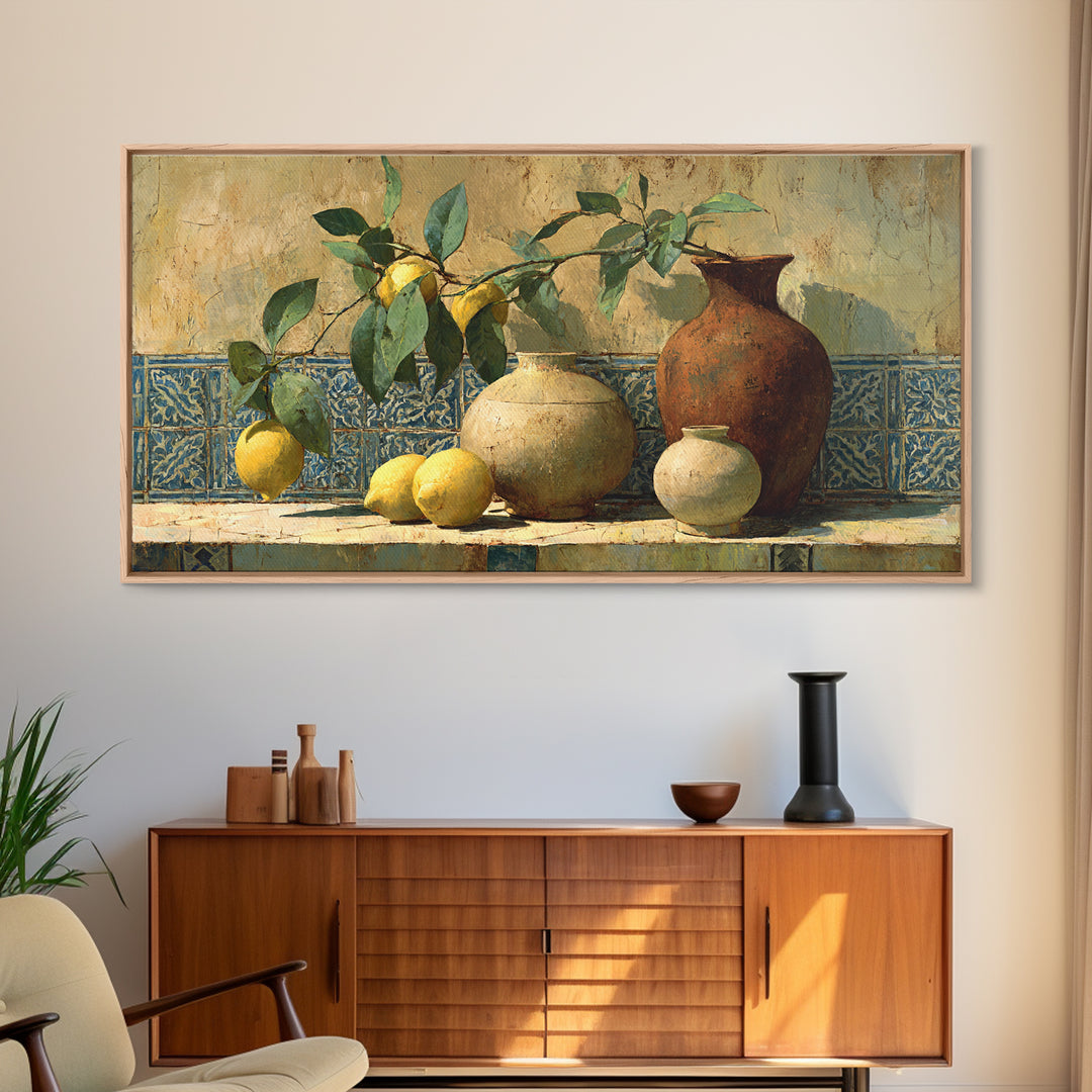 Mediterranean Lemon Branch Still Life Framed Canvas Print, Wall Art, Heart, Living Room Decor, Fine Art, Home Decor Gift, WAL-2x1-90