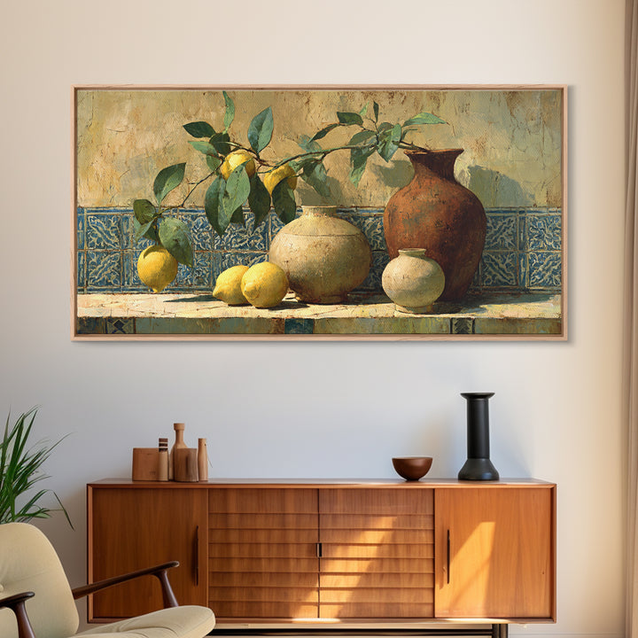 Mediterranean Lemon Branch Still Life Framed Canvas Print, Wall Art, Heart, Living Room Decor, Fine Art, Home Decor Gift, WAL-2x1-90