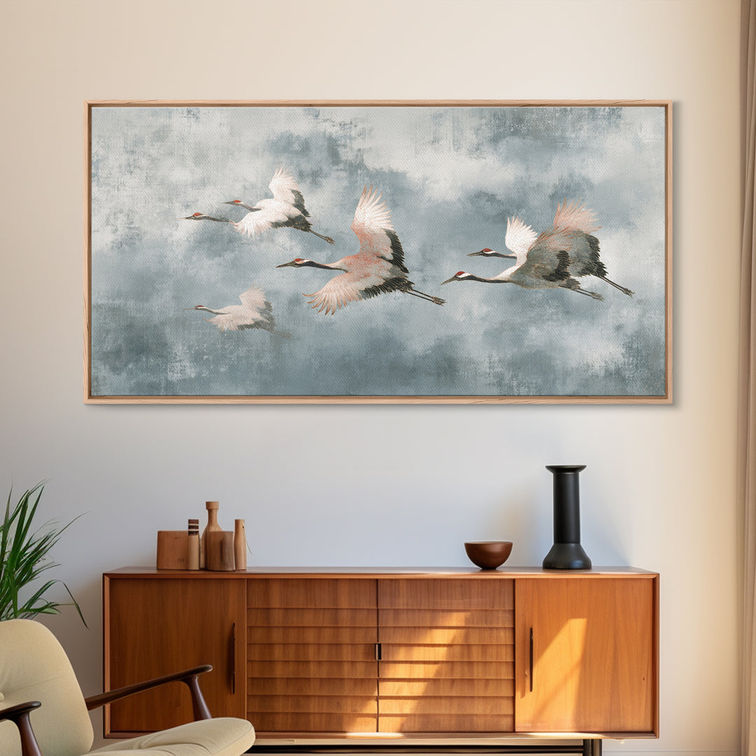 Monochrome Ink Crane Composition Framed Canvas Print, Wall Art, Wall Art for Mom, Living Room Decor, Oil Painting, WAL-2x1-92