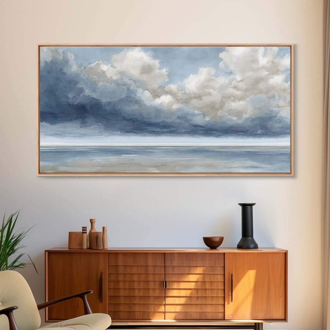 Classic Seascape with Dramatic Clouds Framed Canvas Print, Wall Art, Neutral Decor, Living Room Decor, Fine Art, WAL-2x1-95