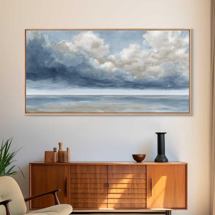 Classic Seascape with Dramatic Clouds Framed Canvas Print, Wall Art, Neutral Decor, Living Room Decor, Fine Art, WAL-2x1-95