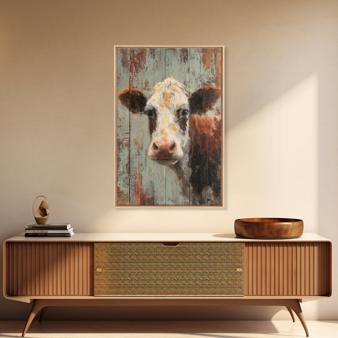 Rustic Farmhouse Cow Portrait Framed Canvas Print, Wall Art, Room Decor, Living Room Decor, Oil Painting, Printable Wall Art, WAL-2x3-3