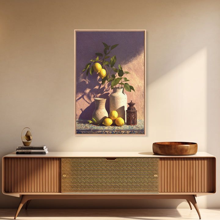Mediterranean Lemon Branch Still Life Framed Canvas Print, Wall Art, Minimalist Decor, Living Room Decor, Oil Painting, WAL-2x3-30