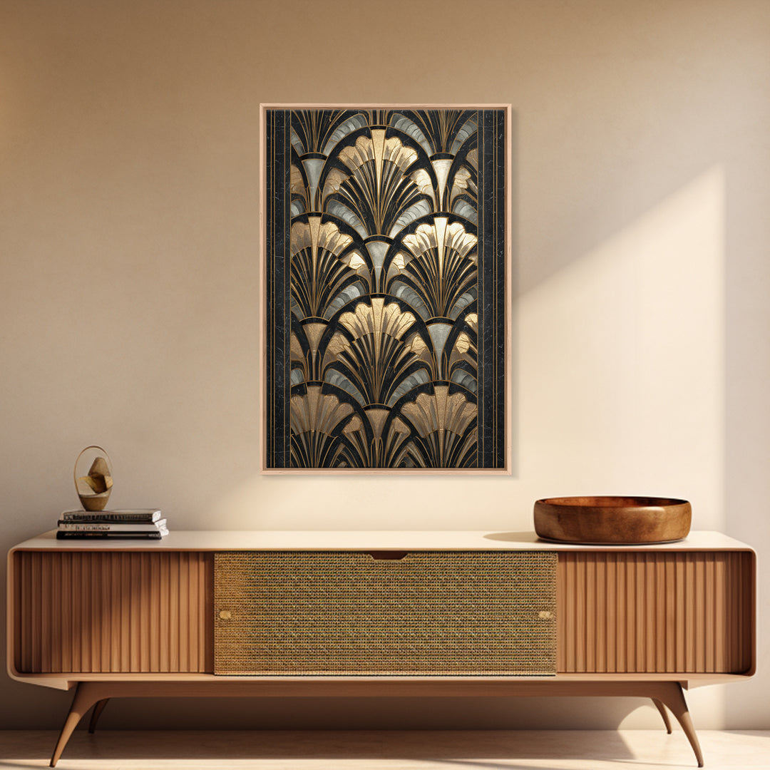 Art Deco Gold Fan Pattern Framed Canvas Print, Wall Art, Contemporary Art, Living Room Decor, Fine Art, Mid Century Modern, WAL-2x3-4