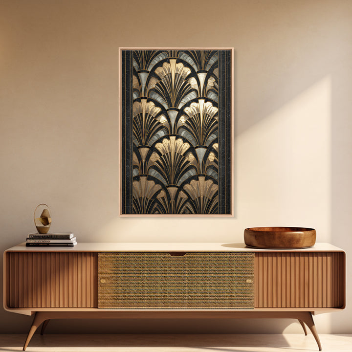 Art Deco Gold Fan Pattern Framed Canvas Print, Wall Art, Contemporary Art, Living Room Decor, Fine Art, Mid Century Modern, WAL-2x3-4