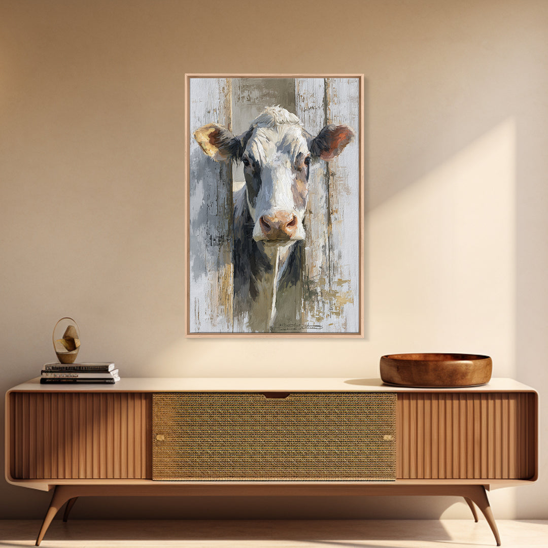 Rustic Farmhouse Cow Portrait Framed Canvas Print, Wall Art, Heart, Living Room Decor, Fine Art, Home Decor Gift, WAL-2x3-51