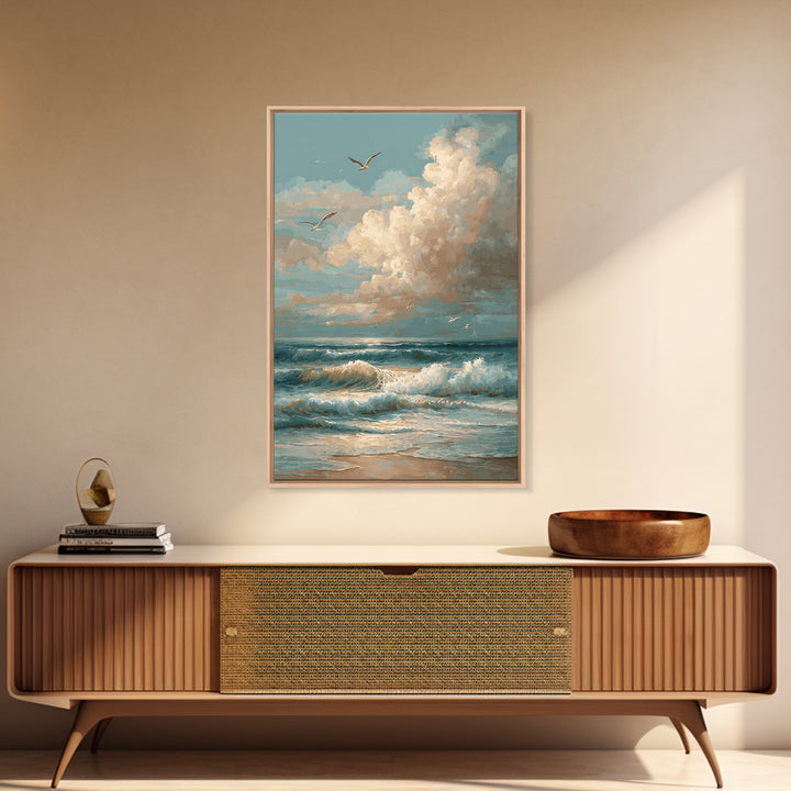 Classic Seascape with Dramatic Clouds Framed Canvas Print, Wall Art, Wall Art for Mom, Living Room Decor, Oil Painting, WAL-2x3-59