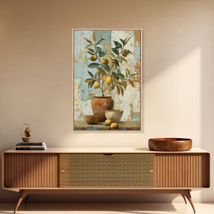 Mediterranean Lemon Branch Still Life Framed Canvas Print, Wall Art, Minimalist Decor, Living Room Decor, Oil Painting, WAL-2x3-6