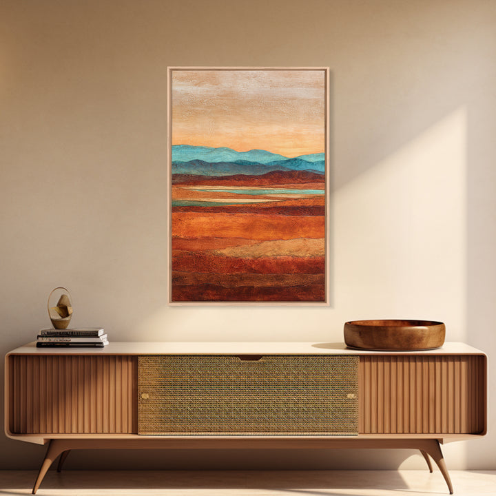 Desert Landscape in Warm Terracotta Tones Framed Canvas Print, Wall Art, Wall Clock, Living Room Decor, Watercolor Art, WAL-2x3-63