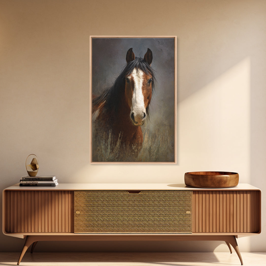Wild Horse Portrait Framed Canvas Print, Wall Art, Wall Hanging, Living Room Decor, Fine Art, Gallery Decor, WAL-2x3-69