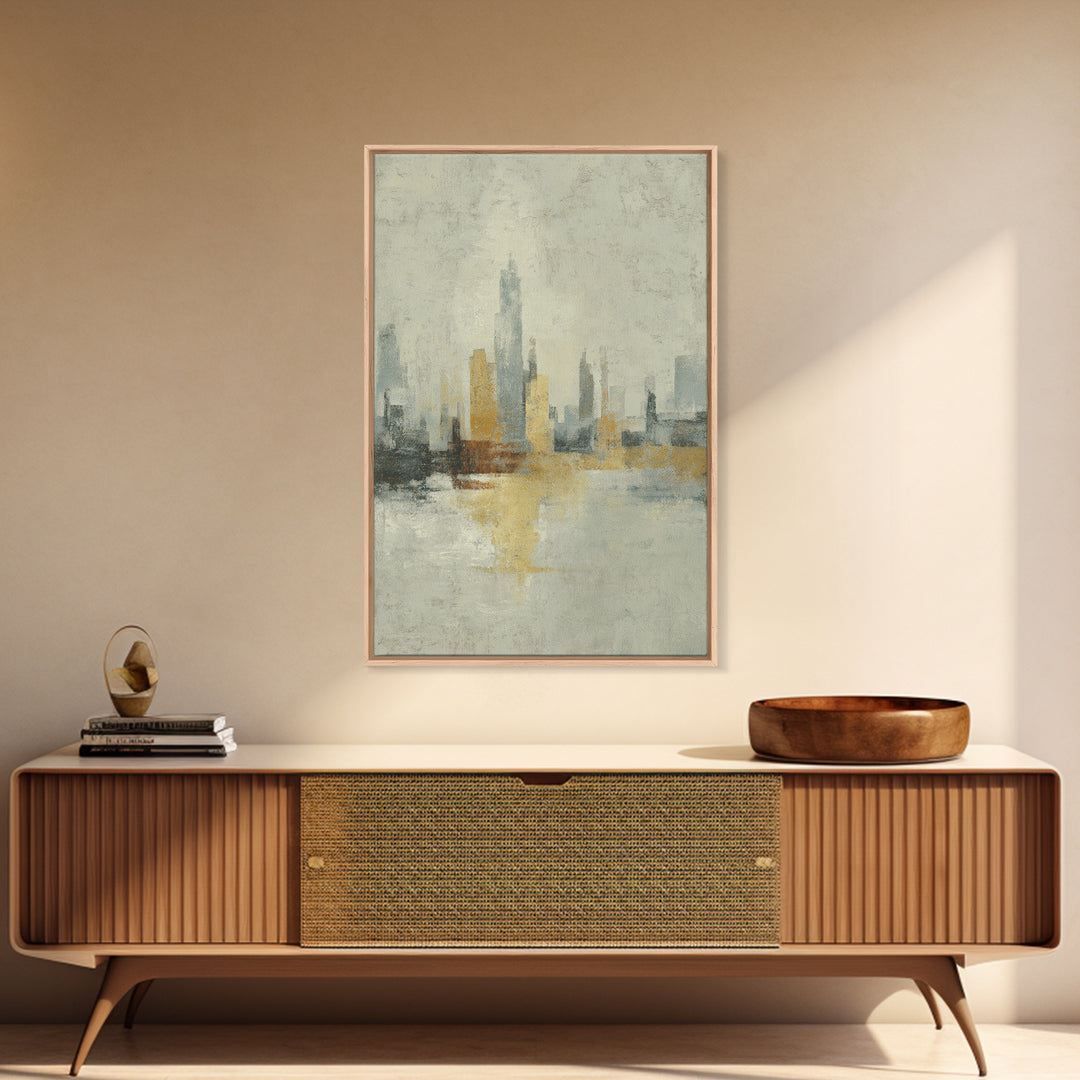 Urban Skyline in Muted Evening Color Framed Canvas Print, Wall Art, Wall Hangings, Living Room Decor, Abstract Art, WAL-2x3-74