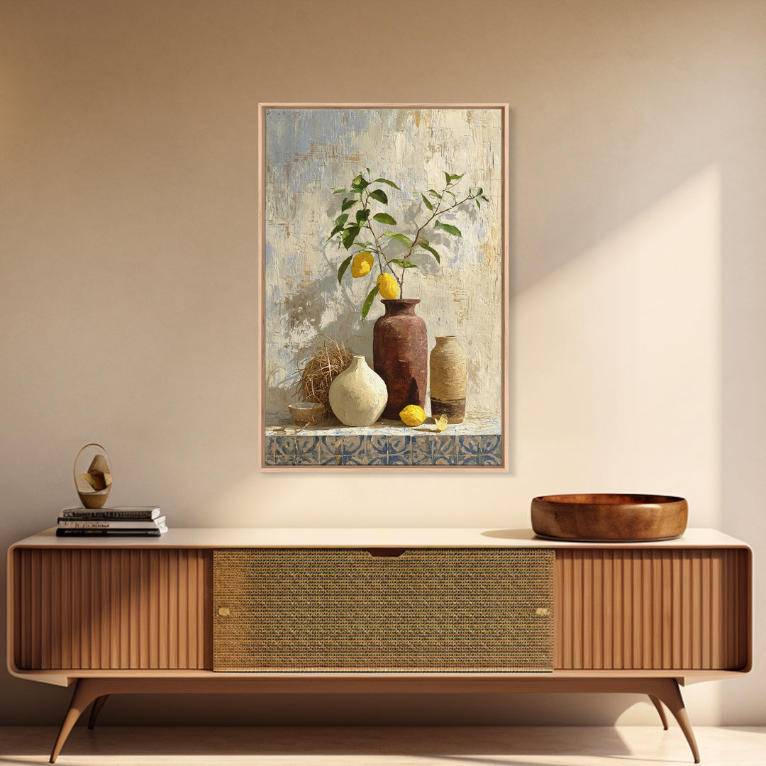 Mediterranean Lemon Branch Still Life Framed Canvas Print, Wall Art, Canvas, Living Room Decor, Watercolor Art, WAL-2x3-78