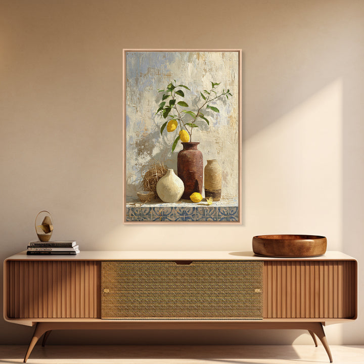 Mediterranean Lemon Branch Still Life Framed Canvas Print, Wall Art, Canvas, Living Room Decor, Watercolor Art, WAL-2x3-78