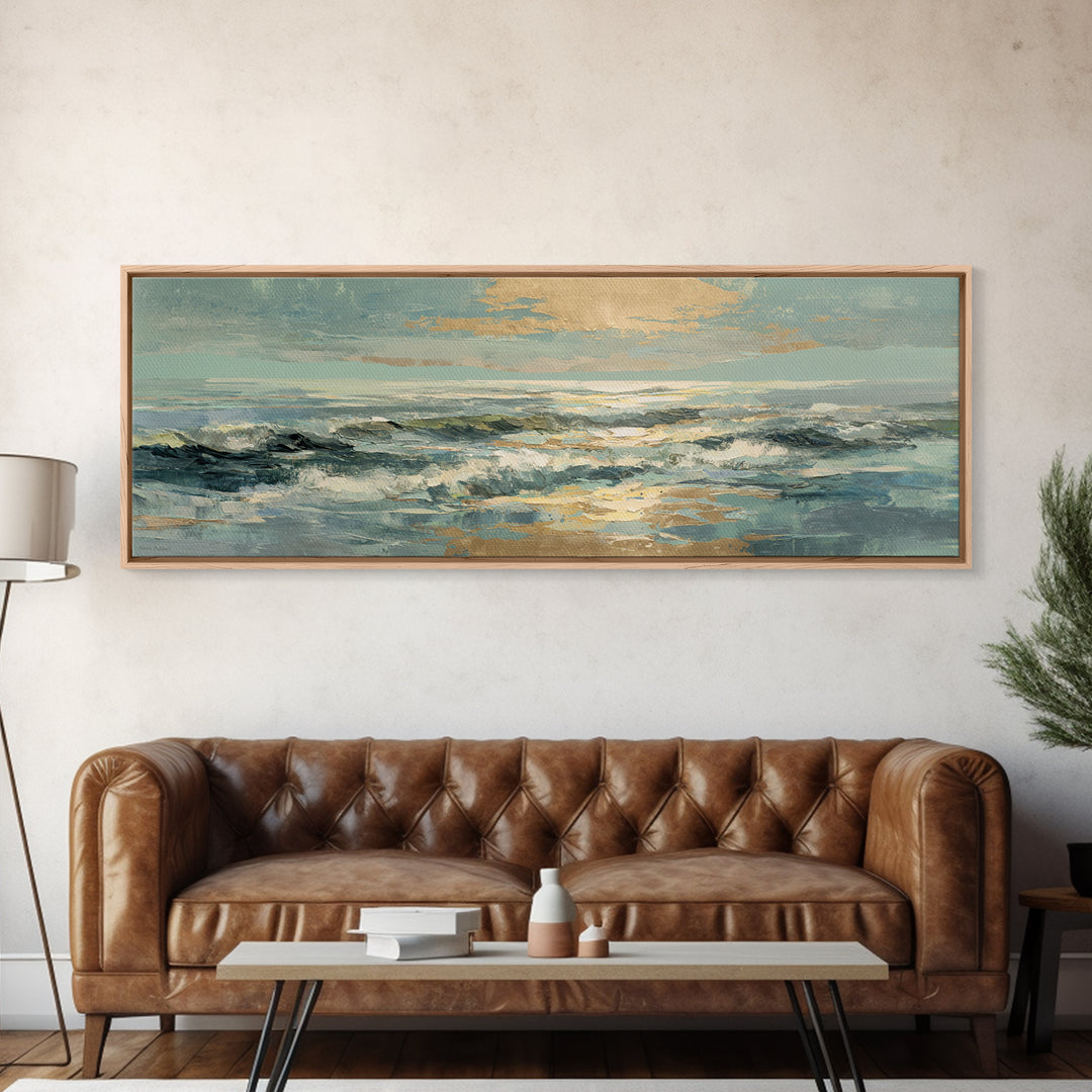 Coastal Aerial Water Study Framed Canvas Print, Wall Art, Textured Painting, Living Room Decor, Fine Art, Wall Hangings, WAL-3x1-27
